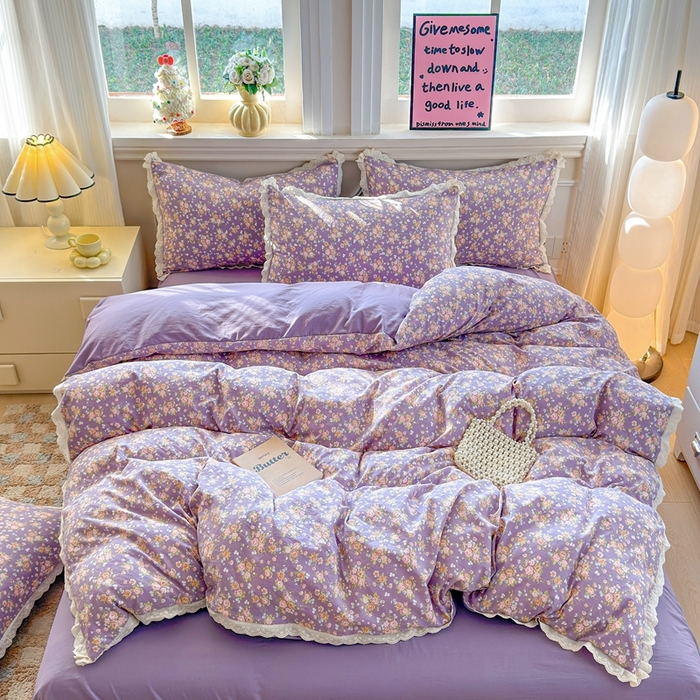 91家纺网 家纺一手货源 找家纺 芯贝儿 2026新款古法小清新全棉花边仿棉水洗棉法式四件套件被套床单 花絮