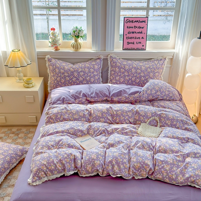 91家纺网 家纺一手货源 找家纺 芯贝儿 2026新款古法小清新全棉花边仿棉水洗棉法式四件套件被套床单 花絮