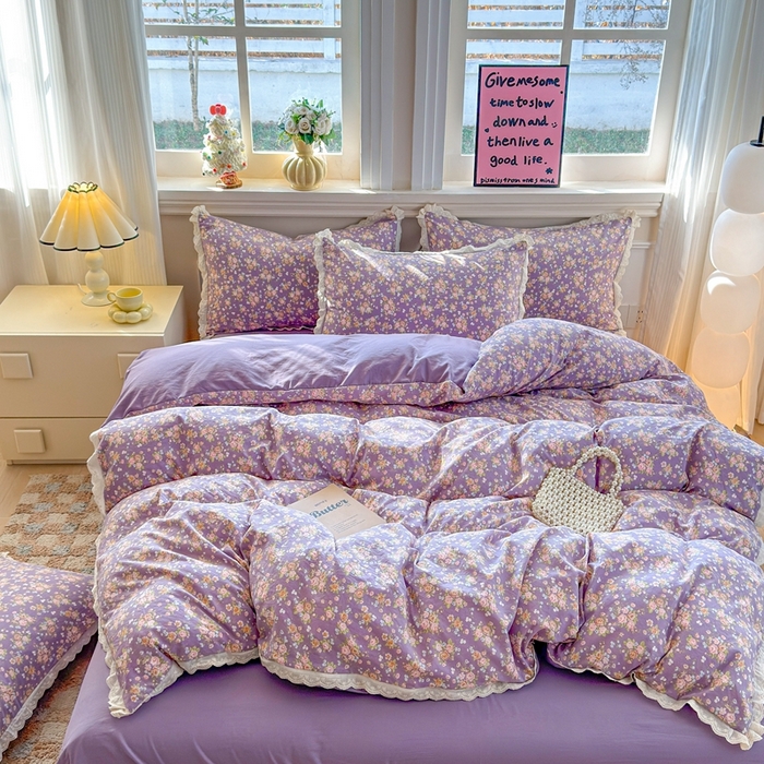 91家纺网 家纺一手货源 找家纺 芯贝儿 2026新款古法小清新全棉花边仿棉水洗棉法式四件套件被套床单 花絮