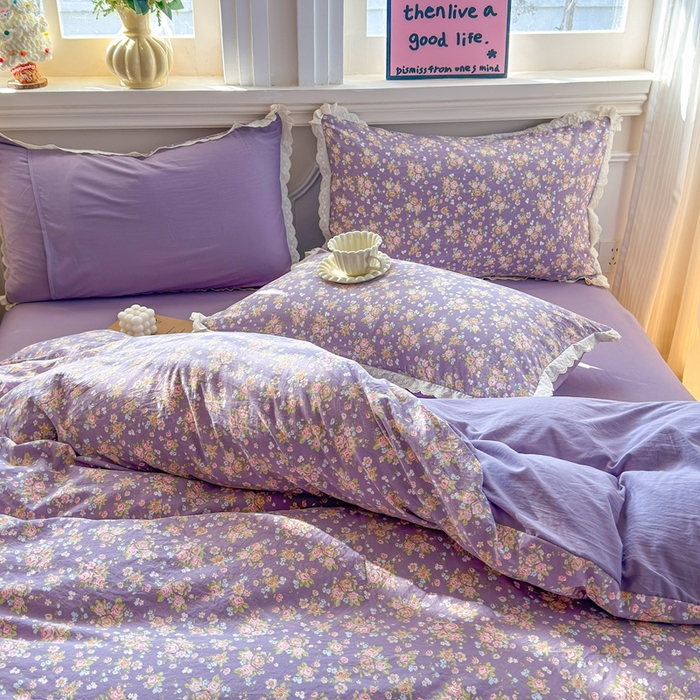 91家纺网 家纺一手货源 找家纺 芯贝儿 2026新款古法小清新全棉花边仿棉水洗棉法式四件套件被套床单 花絮