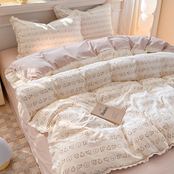 91家纺网 家纺一手货源 找家纺 芯贝儿 2026新款古法小清新全棉花边仿棉水洗棉法式四件套件被套床单 卡吉米