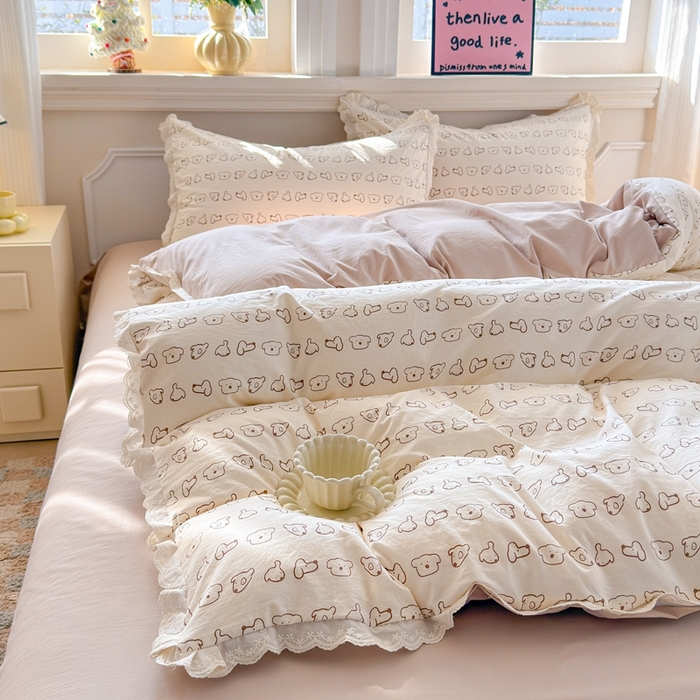 91家纺网 家纺一手货源 找家纺 芯贝儿 2026新款古法小清新全棉花边仿棉水洗棉法式四件套件被套床单 卡吉米