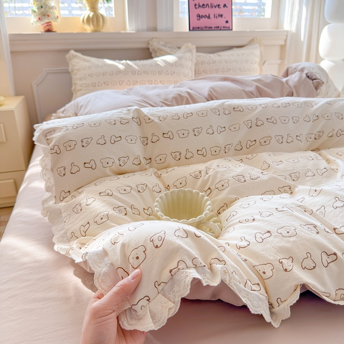 91家纺网 家纺一手货源 找家纺 芯贝儿 2026新款古法小清新全棉花边仿棉水洗棉法式四件套件被套床单 卡吉米