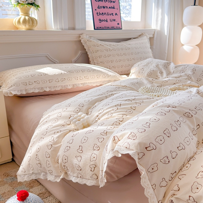 91家纺网 家纺一手货源 找家纺 芯贝儿 2026新款古法小清新全棉花边仿棉水洗棉法式四件套件被套床单 卡吉米