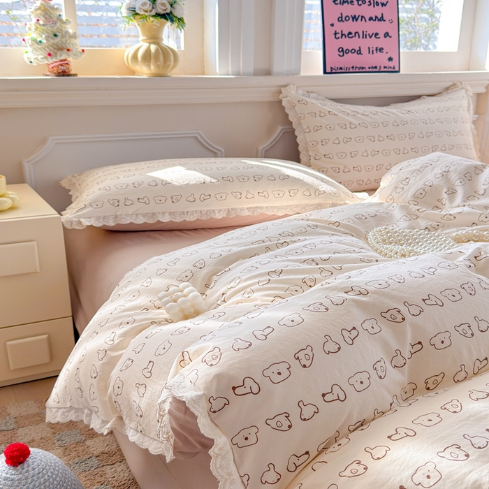 91家纺网 家纺一手货源 找家纺 芯贝儿 2026新款古法小清新全棉花边仿棉水洗棉法式四件套件被套床单 卡吉米