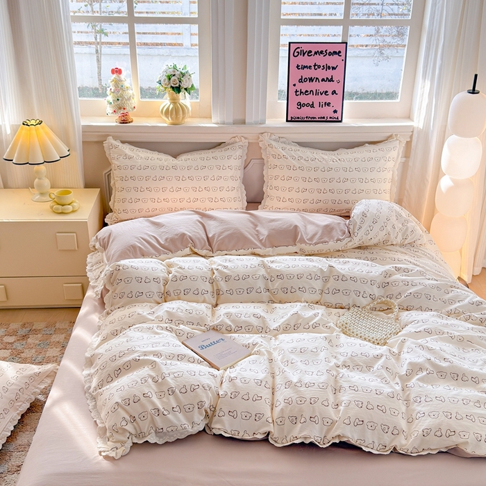 91家纺网 家纺一手货源 找家纺 芯贝儿 2026新款古法小清新全棉花边仿棉水洗棉法式四件套件被套床单 卡吉米