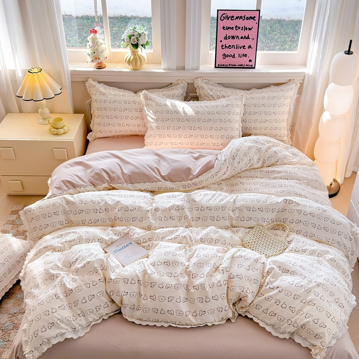 91家纺网 家纺一手货源 找家纺 芯贝儿 2026新款古法小清新全棉花边仿棉水洗棉法式四件套件被套床单 卡吉米