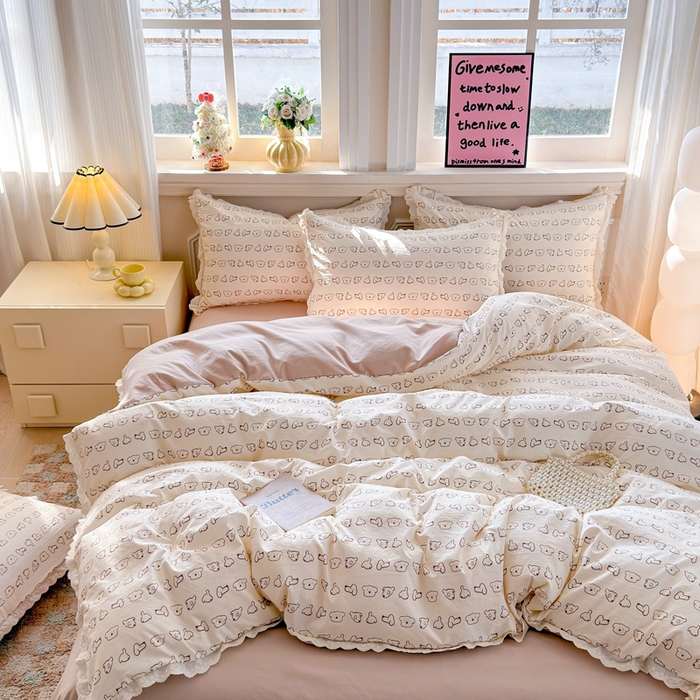 91家纺网 家纺一手货源 找家纺 芯贝儿 2026新款古法小清新全棉花边仿棉水洗棉法式四件套件被套床单 卡吉米