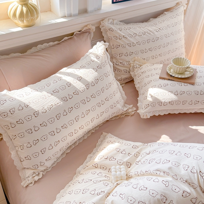 91家纺网 家纺一手货源 找家纺 芯贝儿 2026新款古法小清新全棉花边仿棉水洗棉法式四件套件被套床单 卡吉米