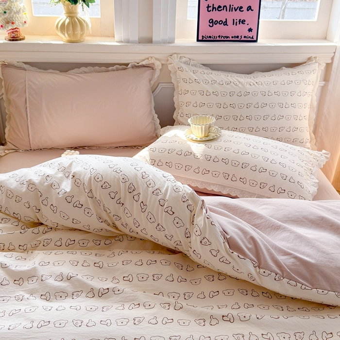 91家纺网 家纺一手货源 找家纺 芯贝儿 2026新款古法小清新全棉花边仿棉水洗棉法式四件套件被套床单 卡吉米