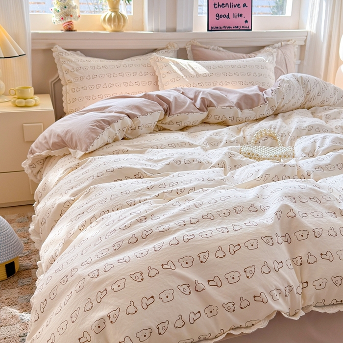 91家纺网 家纺一手货源 找家纺 芯贝儿 2026新款古法小清新全棉花边仿棉水洗棉法式四件套件被套床单 卡吉米