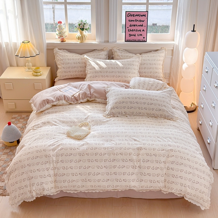 91家纺网 家纺一手货源 找家纺 芯贝儿 2026新款古法小清新全棉花边仿棉水洗棉法式四件套件被套床单 卡吉米