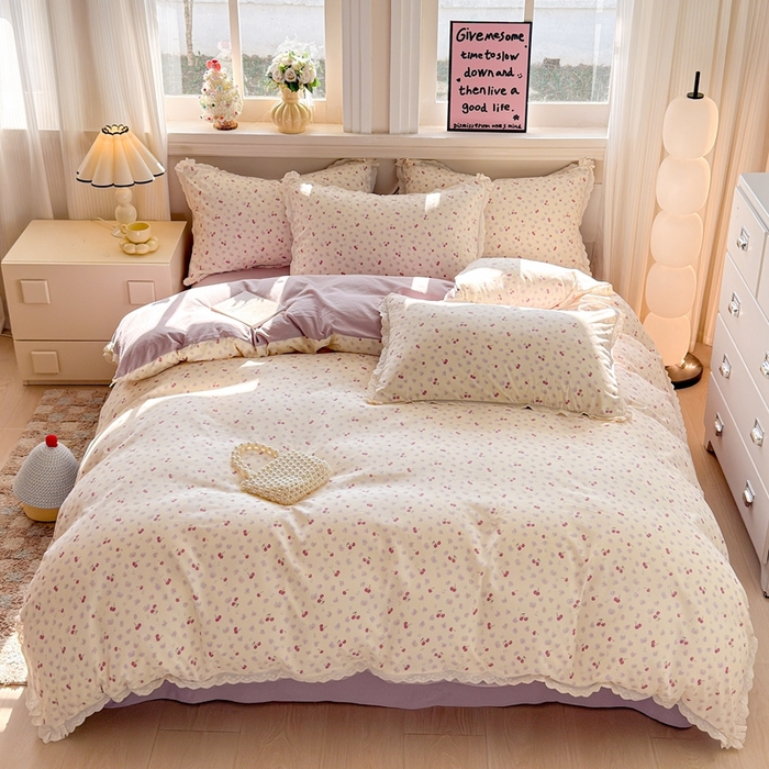 91家纺网 家纺一手货源 找家纺 芯贝儿 2026新款古法小清新全棉花边仿棉水洗棉法式四件套件被套床单 浪漫樱桃