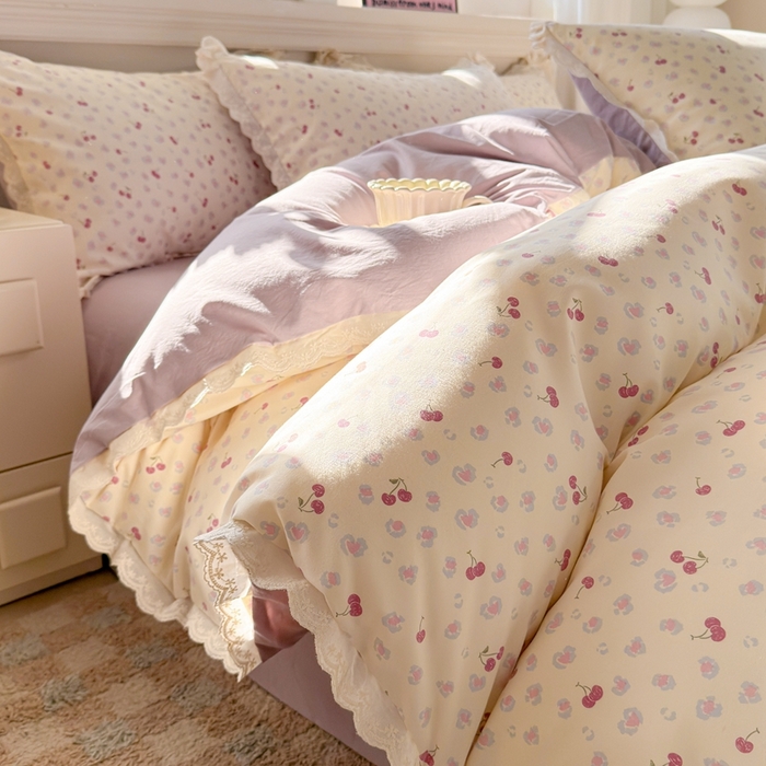 91家纺网 家纺一手货源 找家纺 芯贝儿 2026新款古法小清新全棉花边仿棉水洗棉法式四件套件被套床单 浪漫樱桃