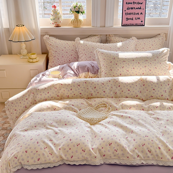 91家纺网 家纺一手货源 找家纺 芯贝儿 2026新款古法小清新全棉花边仿棉水洗棉法式四件套件被套床单 浪漫樱桃