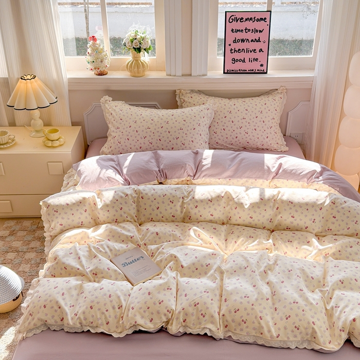 91家纺网 家纺一手货源 找家纺 芯贝儿 2026新款古法小清新全棉花边仿棉水洗棉法式四件套件被套床单 浪漫樱桃