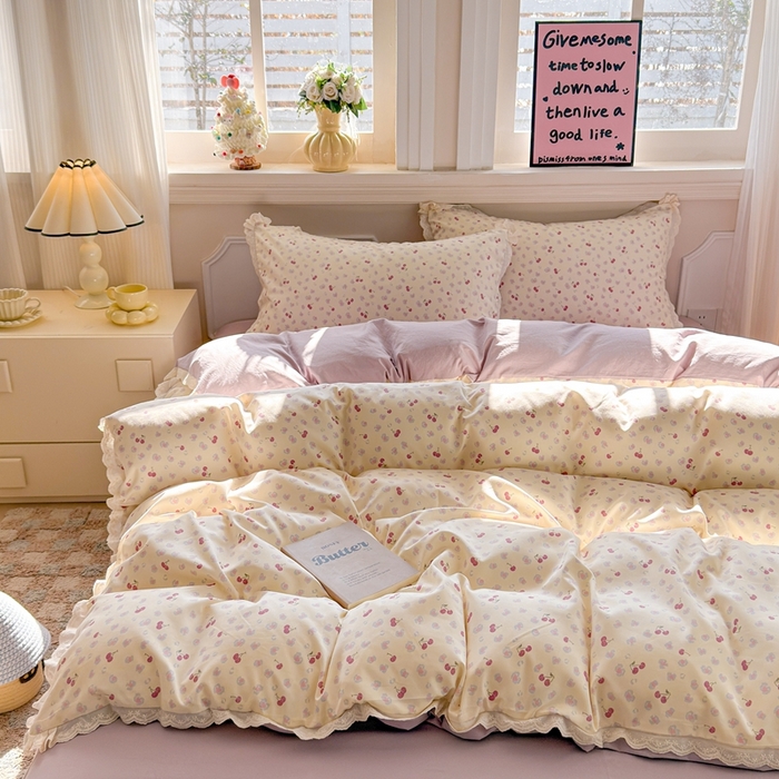 91家纺网 家纺一手货源 找家纺 芯贝儿 2026新款古法小清新全棉花边仿棉水洗棉法式四件套件被套床单 浪漫樱桃