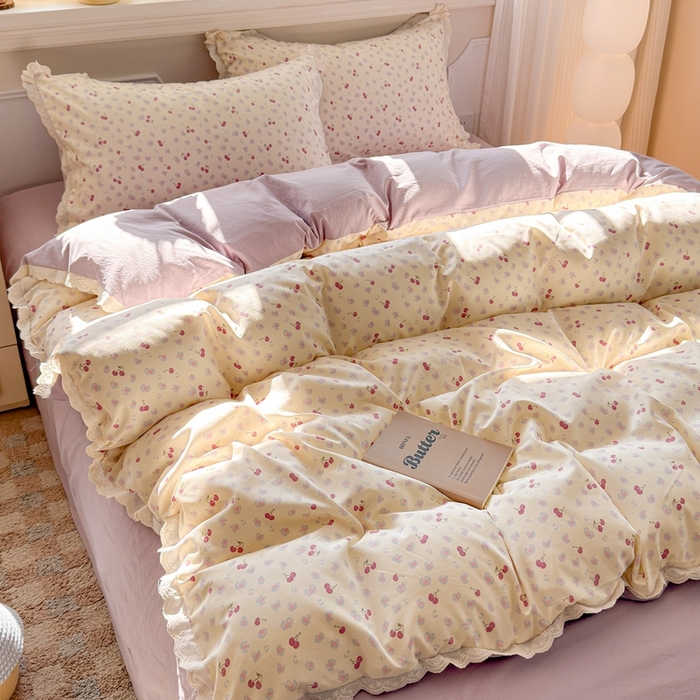 91家纺网 家纺一手货源 找家纺 芯贝儿 2026新款古法小清新全棉花边仿棉水洗棉法式四件套件被套床单 浪漫樱桃