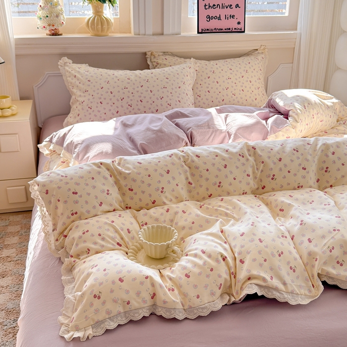 91家纺网 家纺一手货源 找家纺 芯贝儿 2026新款古法小清新全棉花边仿棉水洗棉法式四件套件被套床单 浪漫樱桃