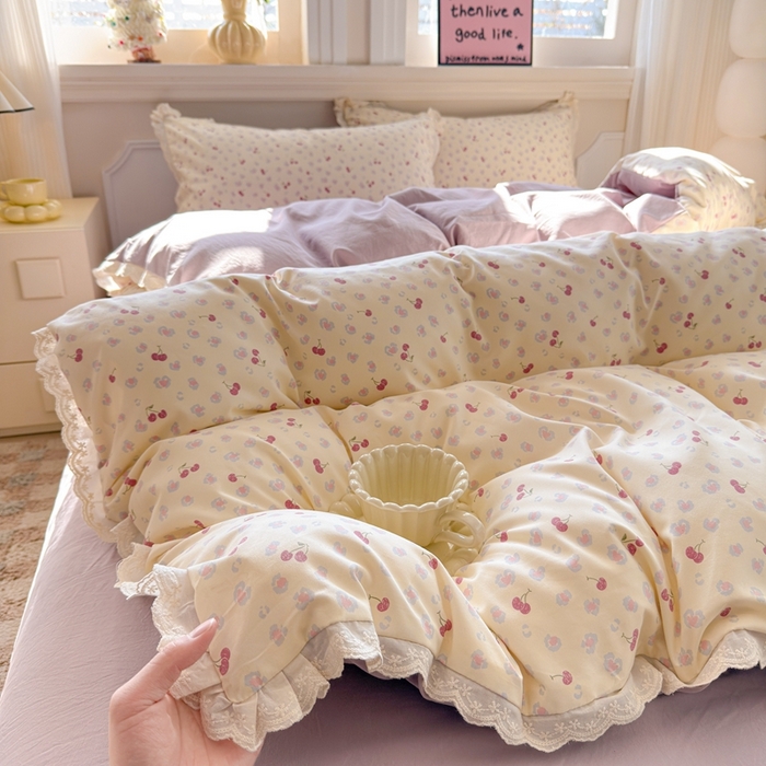 91家纺网 家纺一手货源 找家纺 芯贝儿 2026新款古法小清新全棉花边仿棉水洗棉法式四件套件被套床单 浪漫樱桃