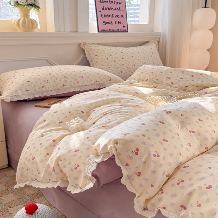 91家纺网 家纺一手货源 找家纺 芯贝儿 2026新款古法小清新全棉花边仿棉水洗棉法式四件套件被套床单 浪漫樱桃