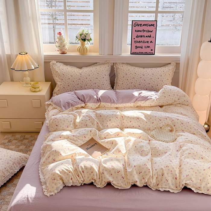 91家纺网 家纺一手货源 找家纺 芯贝儿 2026新款古法小清新全棉花边仿棉水洗棉法式四件套件被套床单 浪漫樱桃