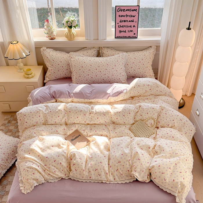 91家纺网 家纺一手货源 找家纺 芯贝儿 2026新款古法小清新全棉花边仿棉水洗棉法式四件套件被套床单 浪漫樱桃