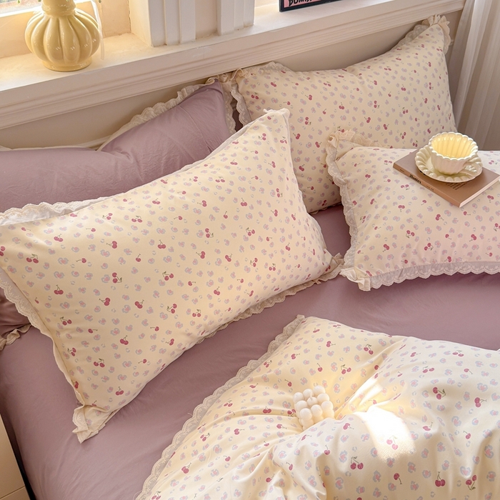 91家纺网 家纺一手货源 找家纺 芯贝儿 2026新款古法小清新全棉花边仿棉水洗棉法式四件套件被套床单 浪漫樱桃