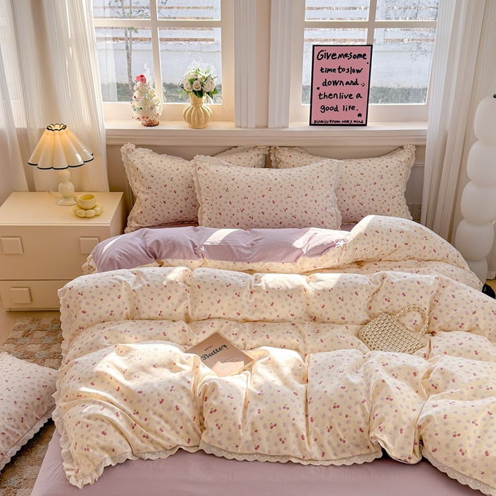 91家纺网 家纺一手货源 找家纺 芯贝儿 2026新款古法小清新全棉花边仿棉水洗棉法式四件套件被套床单 浪漫樱桃