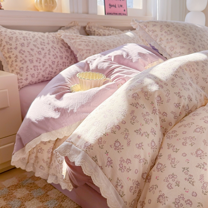 91家纺网 家纺一手货源 找家纺 芯贝儿 2026新款古法小清新全棉花边仿棉水洗棉法式四件套件被套床单 漫步花从