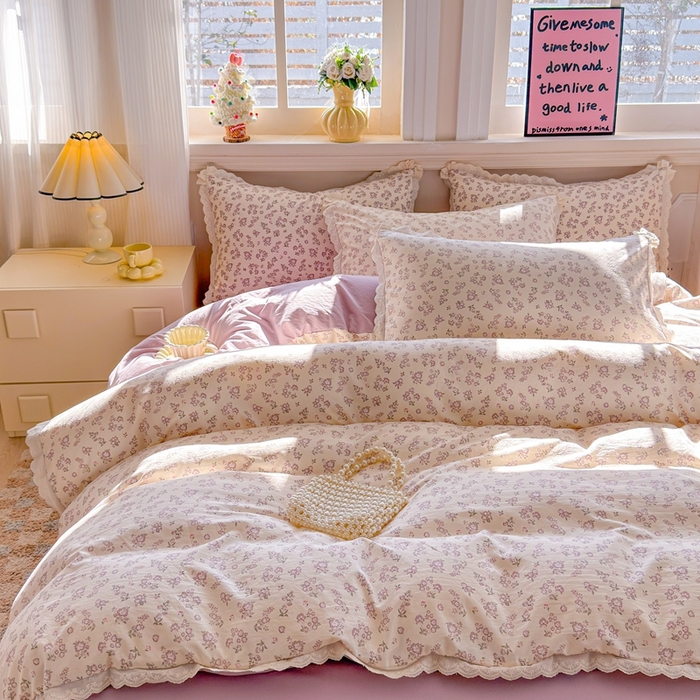 91家纺网 家纺一手货源 找家纺 芯贝儿 2026新款古法小清新全棉花边仿棉水洗棉法式四件套件被套床单 漫步花从