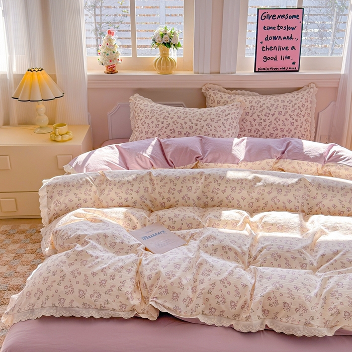 91家纺网 家纺一手货源 找家纺 芯贝儿 2026新款古法小清新全棉花边仿棉水洗棉法式四件套件被套床单 漫步花从