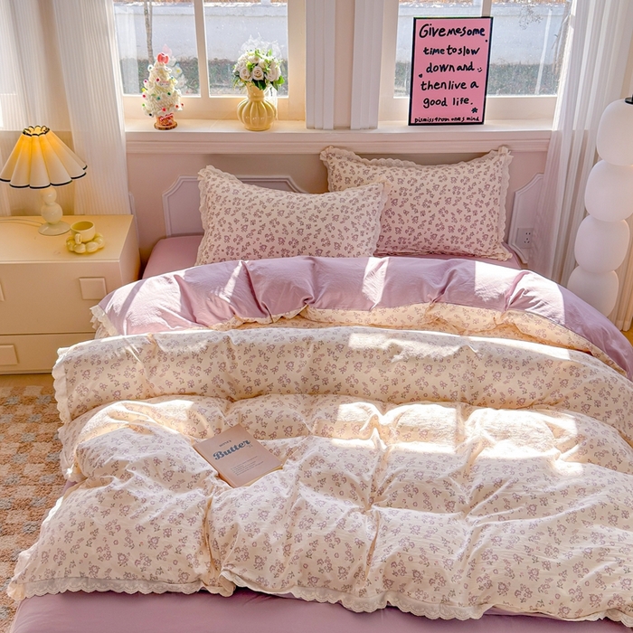 91家纺网 家纺一手货源 找家纺 芯贝儿 2026新款古法小清新全棉花边仿棉水洗棉法式四件套件被套床单 漫步花从