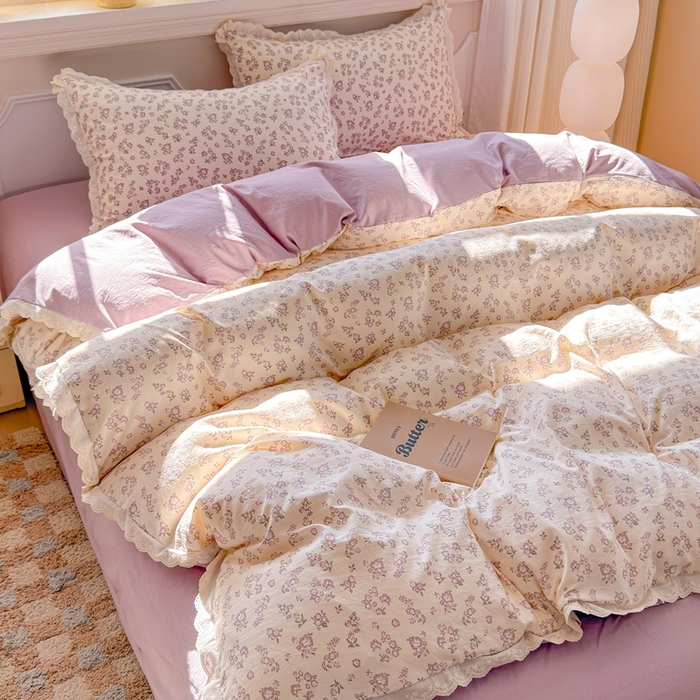 91家纺网 家纺一手货源 找家纺 芯贝儿 2026新款古法小清新全棉花边仿棉水洗棉法式四件套件被套床单 漫步花从