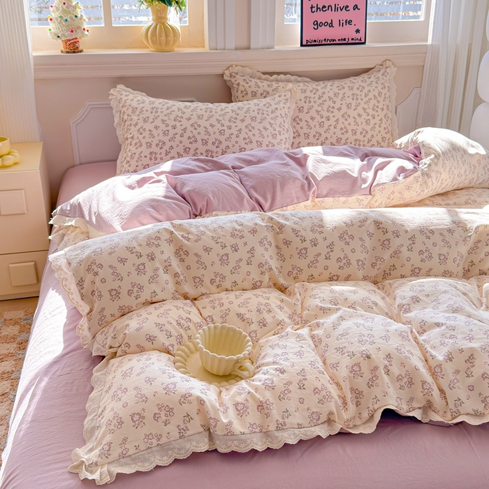 91家纺网 家纺一手货源 找家纺 芯贝儿 2026新款古法小清新全棉花边仿棉水洗棉法式四件套件被套床单 漫步花从