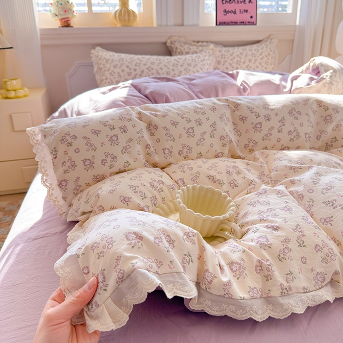 91家纺网 家纺一手货源 找家纺 芯贝儿 2026新款古法小清新全棉花边仿棉水洗棉法式四件套件被套床单 漫步花从