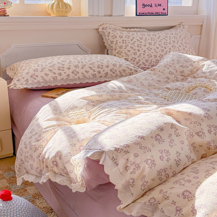 91家纺网 家纺一手货源 找家纺 芯贝儿 2026新款古法小清新全棉花边仿棉水洗棉法式四件套件被套床单 漫步花从