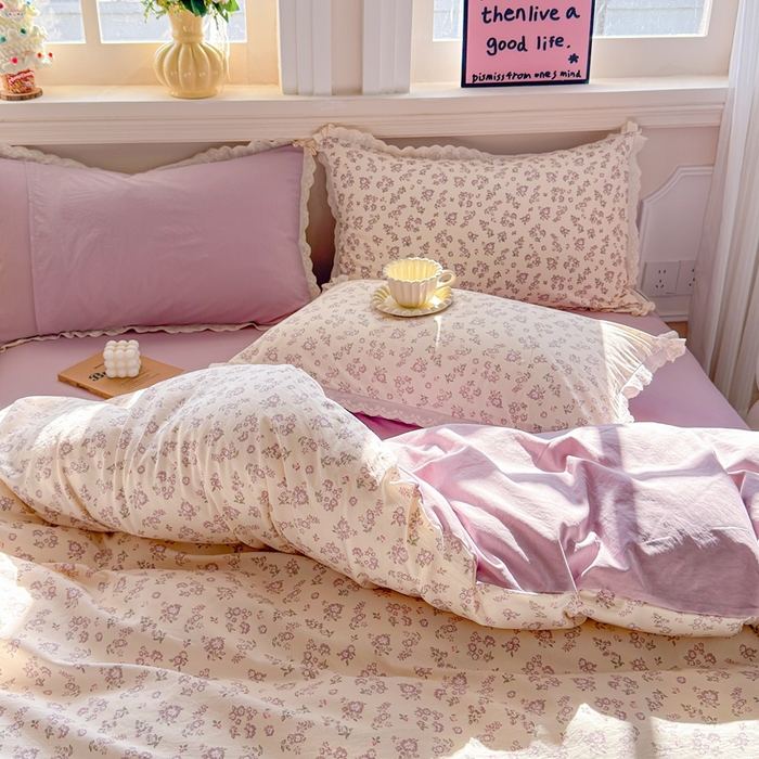 91家纺网 家纺一手货源 找家纺 芯贝儿 2026新款古法小清新全棉花边仿棉水洗棉法式四件套件被套床单 漫步花从