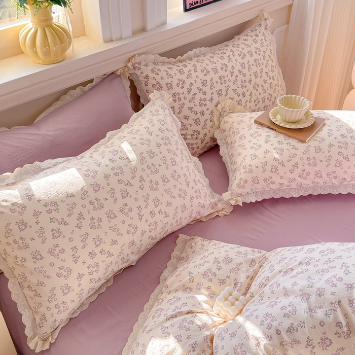 91家纺网 家纺一手货源 找家纺 芯贝儿 2026新款古法小清新全棉花边仿棉水洗棉法式四件套件被套床单 漫步花从