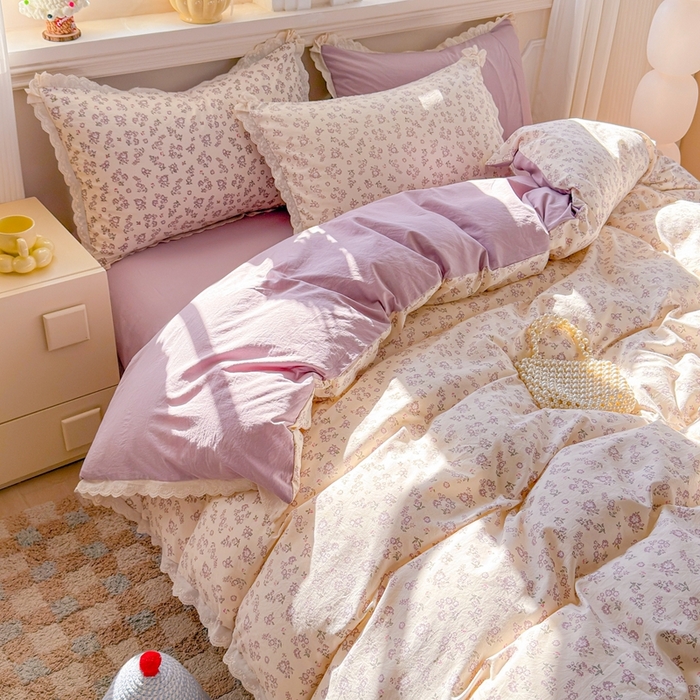 91家纺网 家纺一手货源 找家纺 芯贝儿 2026新款古法小清新全棉花边仿棉水洗棉法式四件套件被套床单 漫步花从