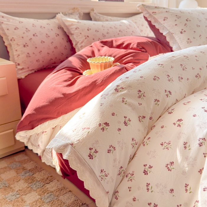 91家纺网 家纺一手货源 找家纺 芯贝儿 2026新款古法小清新全棉花边仿棉水洗棉法式四件套件被套床单 午后花园