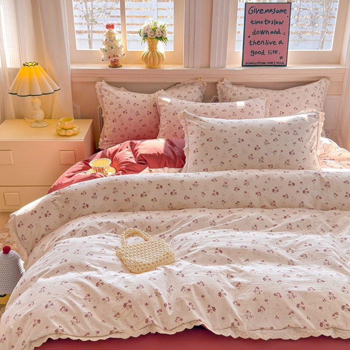 91家纺网 家纺一手货源 找家纺 芯贝儿 2026新款古法小清新全棉花边仿棉水洗棉法式四件套件被套床单 午后花园