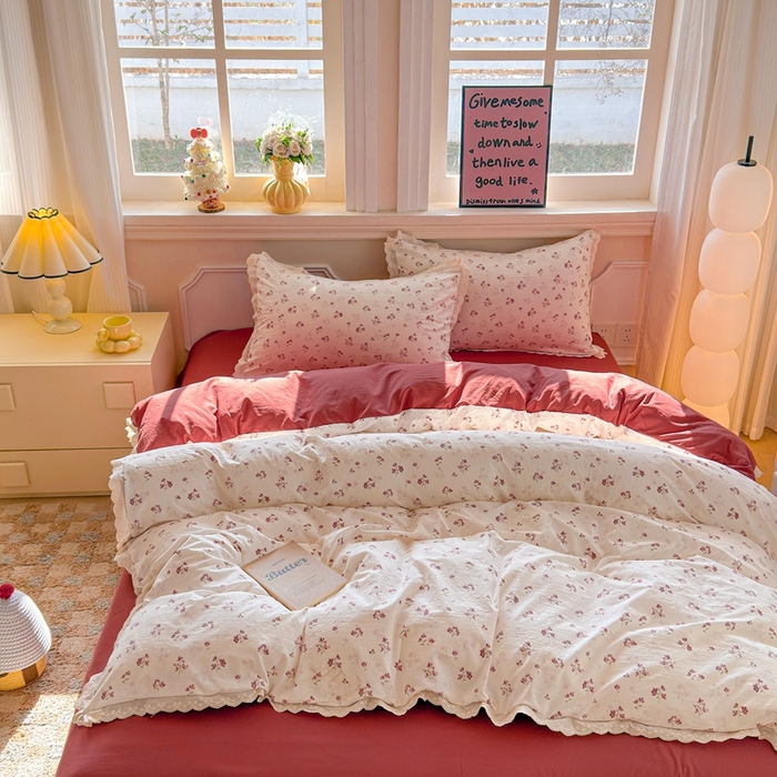 91家纺网 家纺一手货源 找家纺 芯贝儿 2026新款古法小清新全棉花边仿棉水洗棉法式四件套件被套床单 午后花园