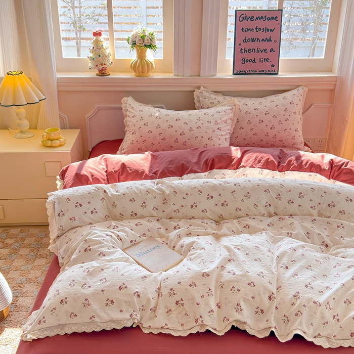 91家纺网 家纺一手货源 找家纺 芯贝儿 2026新款古法小清新全棉花边仿棉水洗棉法式四件套件被套床单 午后花园