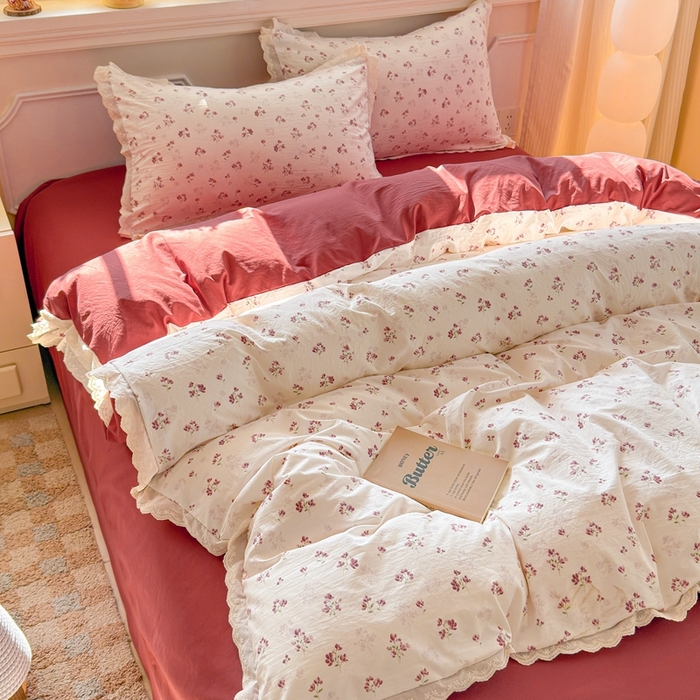 91家纺网 家纺一手货源 找家纺 芯贝儿 2026新款古法小清新全棉花边仿棉水洗棉法式四件套件被套床单 午后花园