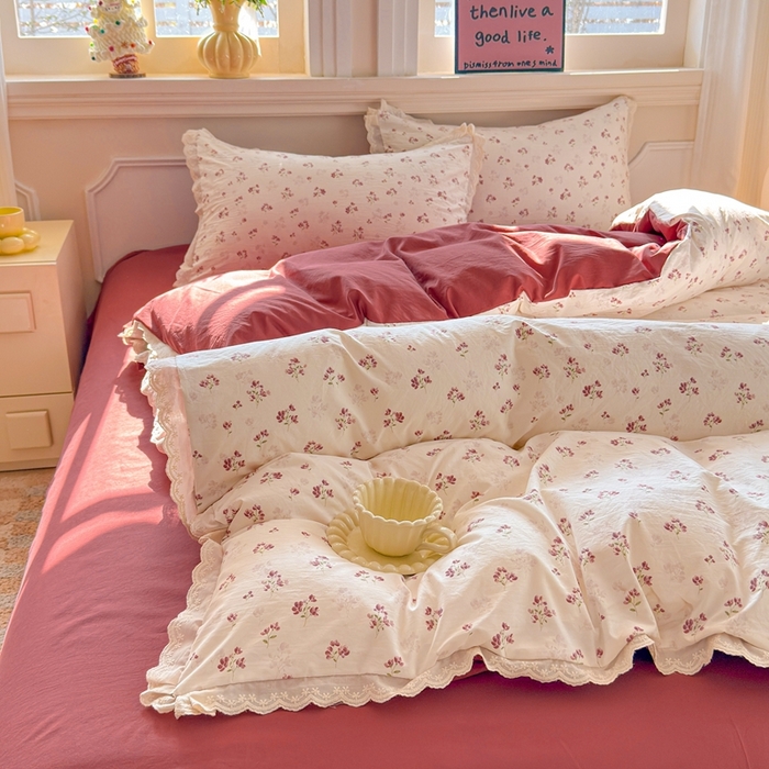 91家纺网 家纺一手货源 找家纺 芯贝儿 2026新款古法小清新全棉花边仿棉水洗棉法式四件套件被套床单 午后花园