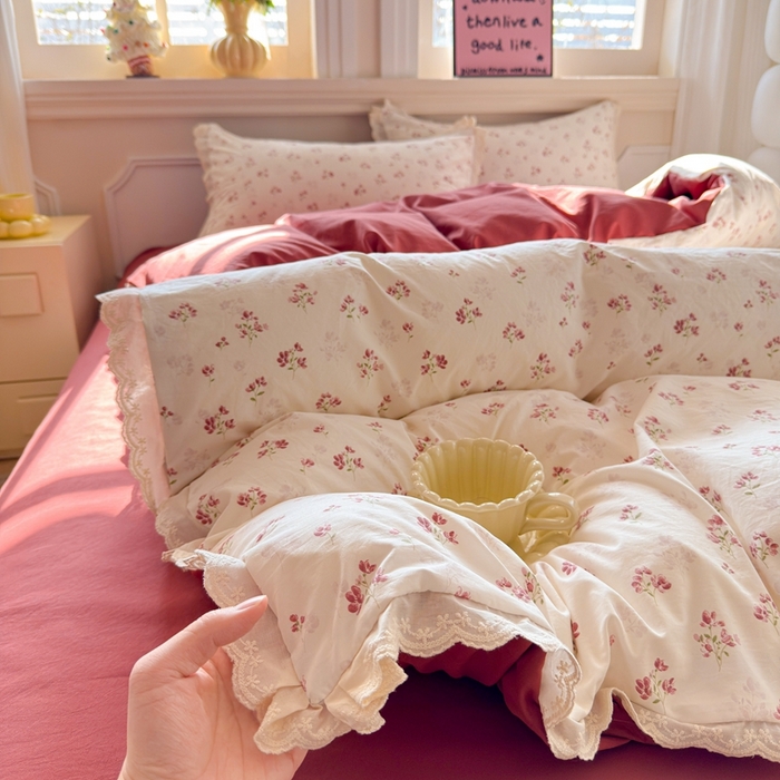 91家纺网 家纺一手货源 找家纺 芯贝儿 2026新款古法小清新全棉花边仿棉水洗棉法式四件套件被套床单 午后花园