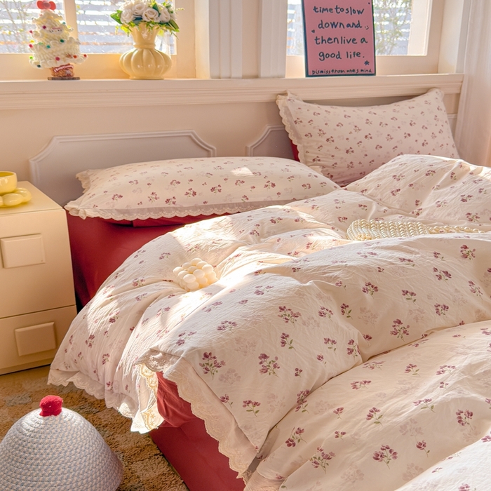 91家纺网 家纺一手货源 找家纺 芯贝儿 2026新款古法小清新全棉花边仿棉水洗棉法式四件套件被套床单 午后花园