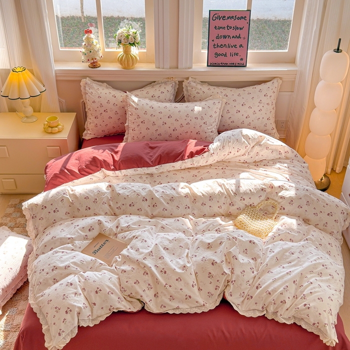 91家纺网 家纺一手货源 找家纺 芯贝儿 2026新款古法小清新全棉花边仿棉水洗棉法式四件套件被套床单 午后花园