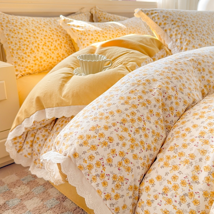 91家纺网 家纺一手货源 找家纺 芯贝儿 2026新款古法小清新全棉花边仿棉水洗棉法式四件套件被套床单 夏日初恋